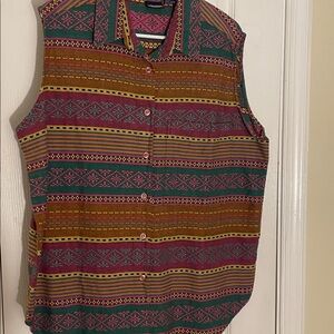 HONOR Green Burgundy Woven Cotton Sleeveless Button-Up Shirt/Vest with Pocket 2X